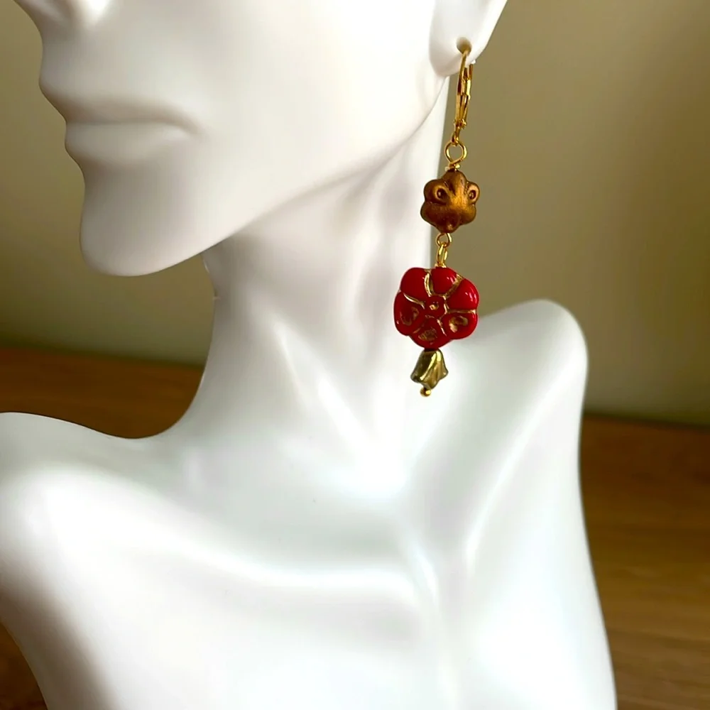 HAND CRAFTED PIERCED EARRINGS Red Gold Bronze Czech Glass Dangling Floral